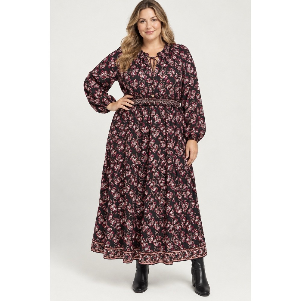 Max Studio Boho Prairie Floral Maxi Dress Ruffle Black Pink XL NWT